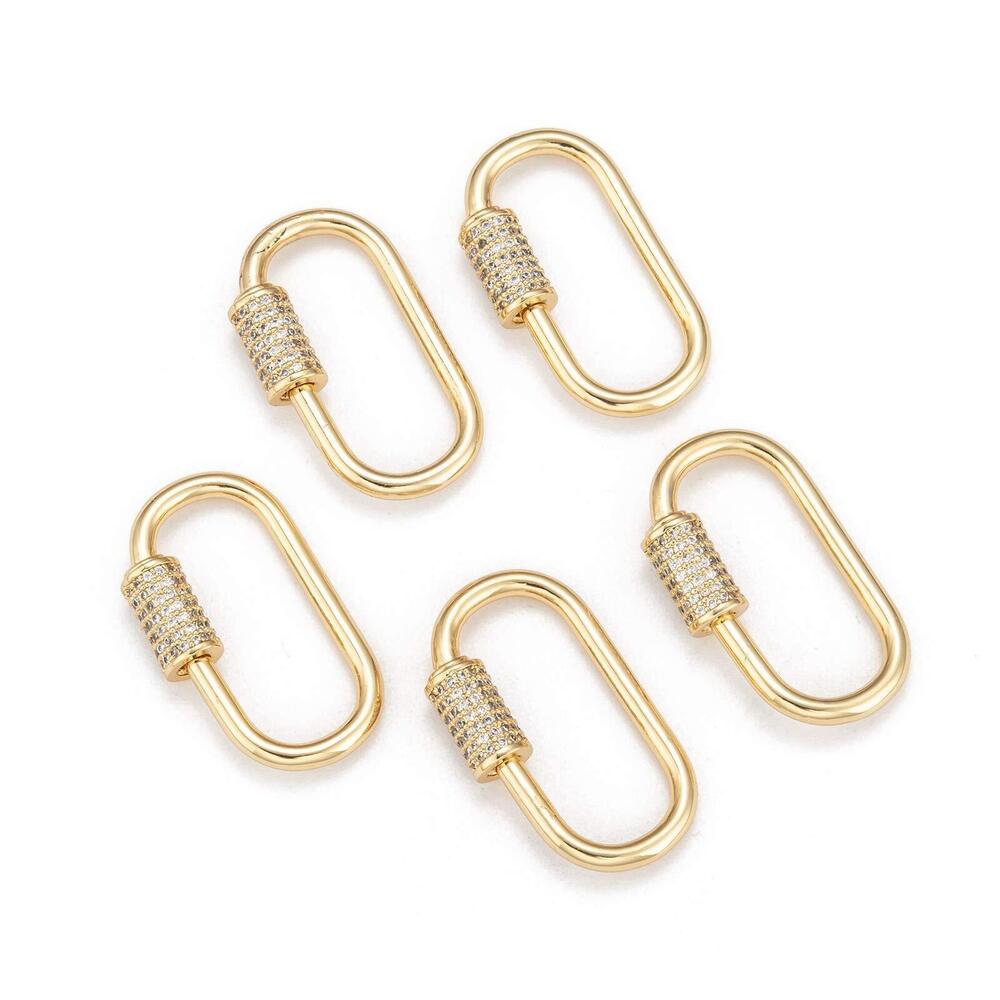 3766 5Pcs Brass Cubic Zirconia Screw Carabiner Lock Charms Oval Necklace